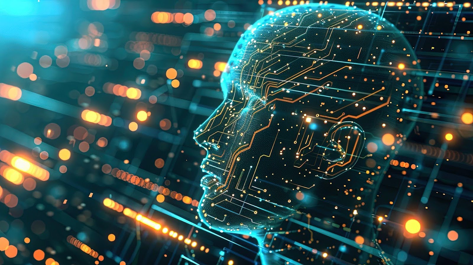 Abstract visualization of artificial intelligence and machine learning integrated into enterprise systems, with data streams and digital interfaces